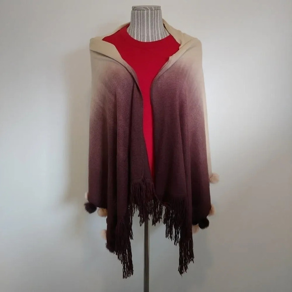 Brown & Tan Shawl/Wrap/Scarf with Faux Fur  Pompoms - Picture 2 of 4